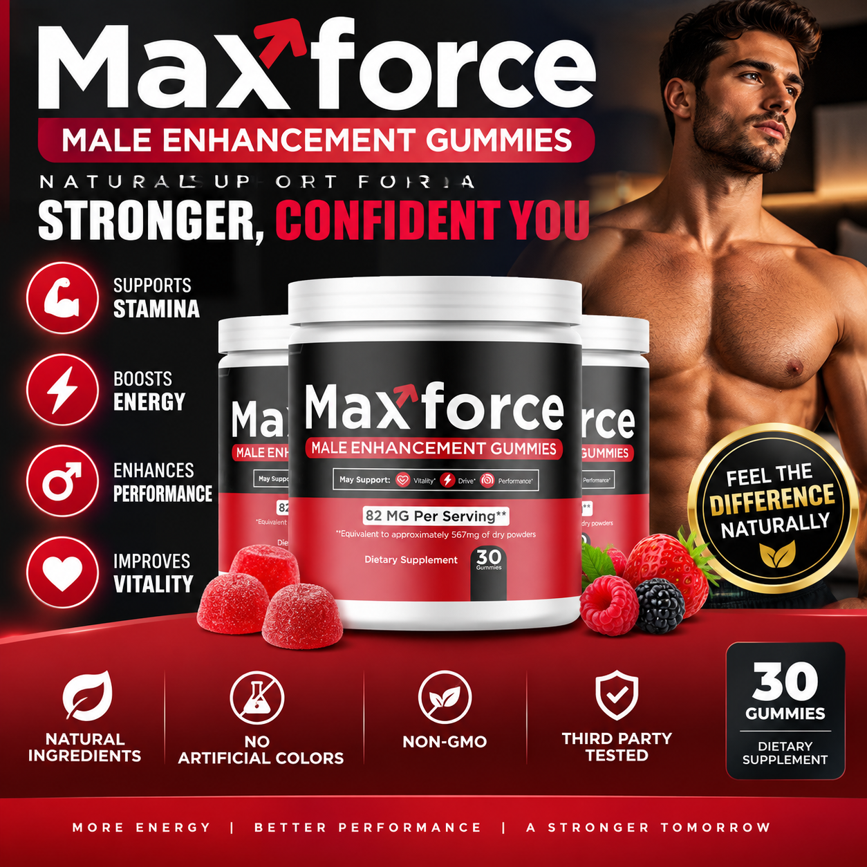 Maxforce Male Enhancement Gummies packaging with key benefits